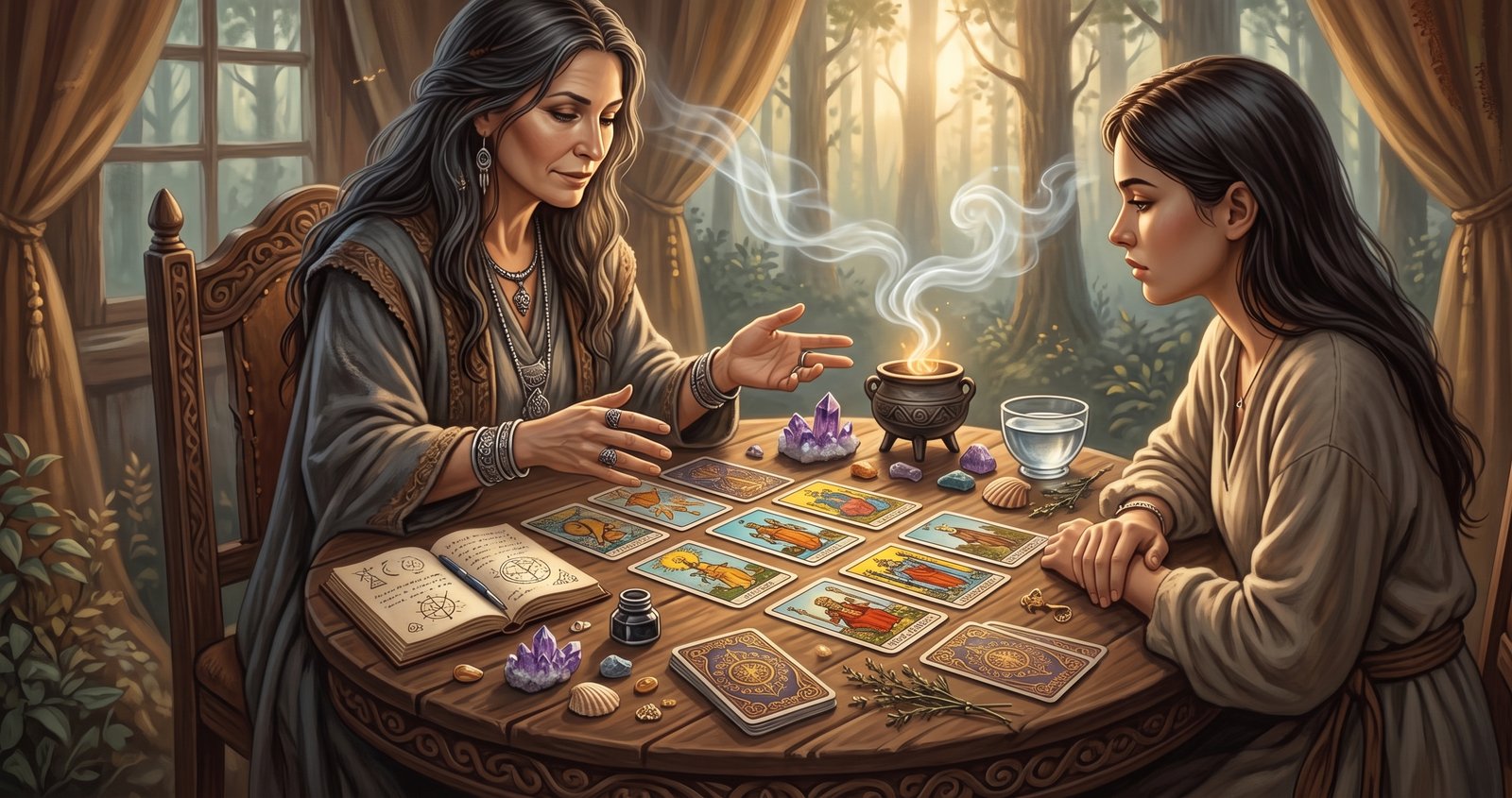Uma mulher em sua primeira consulta de tarot com uma taróloga, que analisa as cartas espalhadas sobre uma mesa rústica repleta de cristais e elementos místicos em um cenário acolhedor de floresta ao fundo.